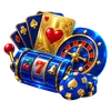 Rullo di slot, carta da gioco e fiche della roulette